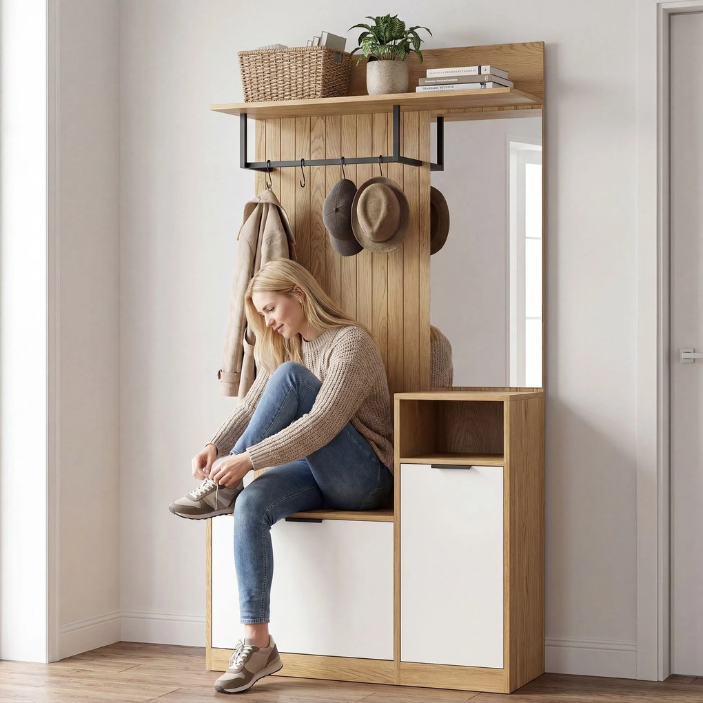 HOMCOM Cuier de Hol cu Bară, 4 Cârlige, Bancă și Spațiu pentru Încălțăminte, Dulap din MDF și Metal, Picioare din Lemn de Cauciuc, Stejar și Alb | Aosom Romania