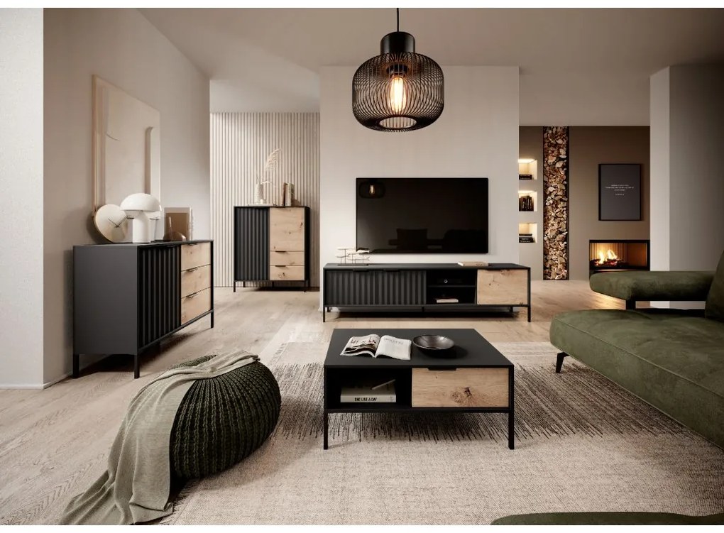 Masa RTV neagra in decor artizanal stejar RAVE 153 2D