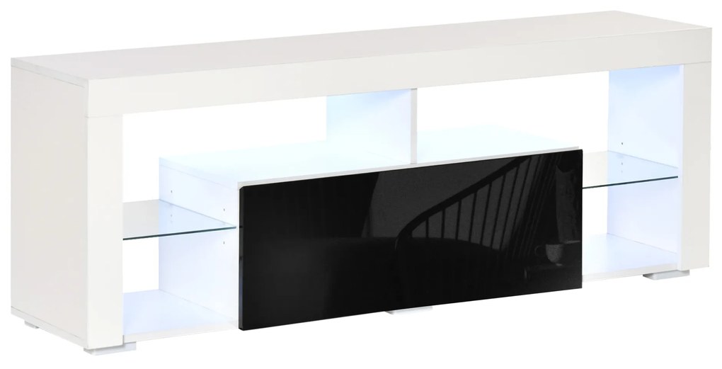 HOMCOM Suport TV cu Iluminare LED Multicoloră și Telecomandă, pentru Televizoare până la 55", Dulapior cu Sertare Lemn Alb Lucios | Aosom Romania
