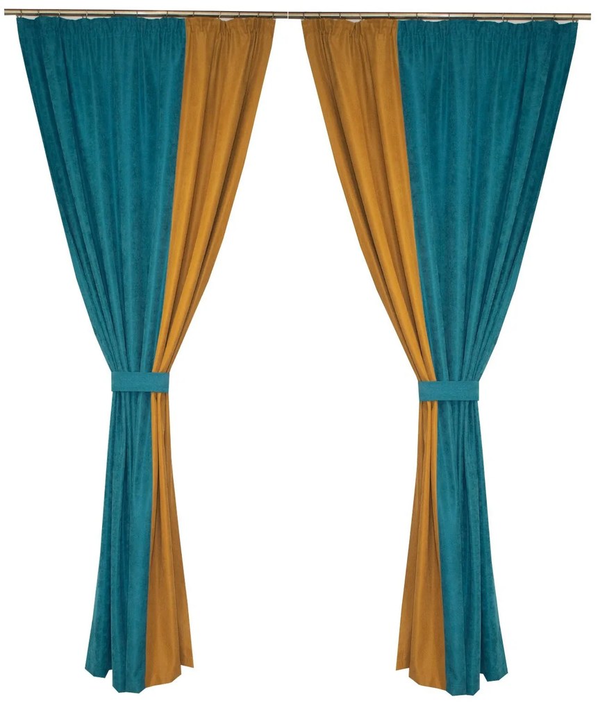 Set draperii turcoaz cu parte mustar, 2x150x240 cm