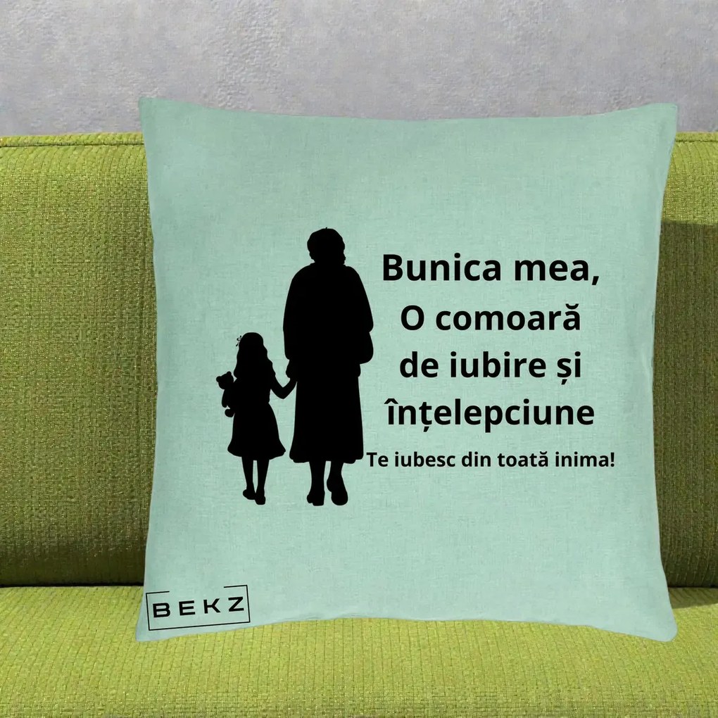 Cadou pentru Bunica - Perna Personalizata Bunica Mea Comoara Iubire Intelepciune Silueta, 40x40 cm, Verde Menta, Husa Detasabila, Perna Inclusa, BEKZ®