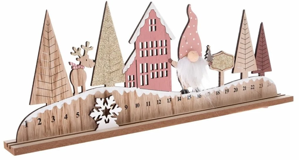 Calendar de advent din lemn cu elf roz , 45 x 17 x4 cm