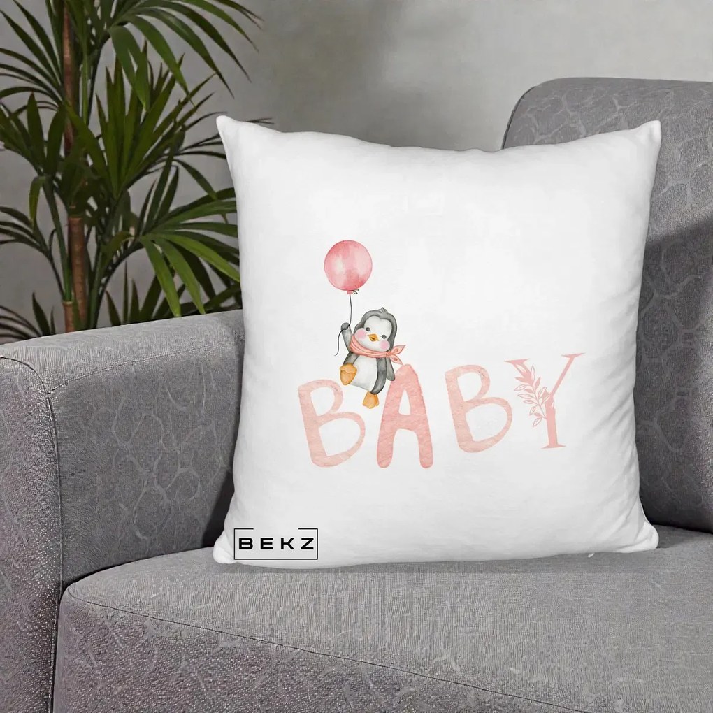 Perna Personalizata Baby Pinguin Roz, 40x40 cm, Alb Pufos, Husa Detasabila, Perna Inclusa, BEKZ®