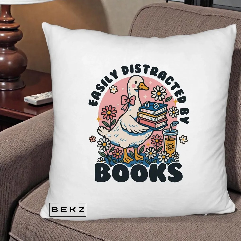 Perna Personalizata Easily Distracted by Books, 40x40 cm, Alb Pufos, Husa Detasabila, Perna Inclusa, BEKZ®