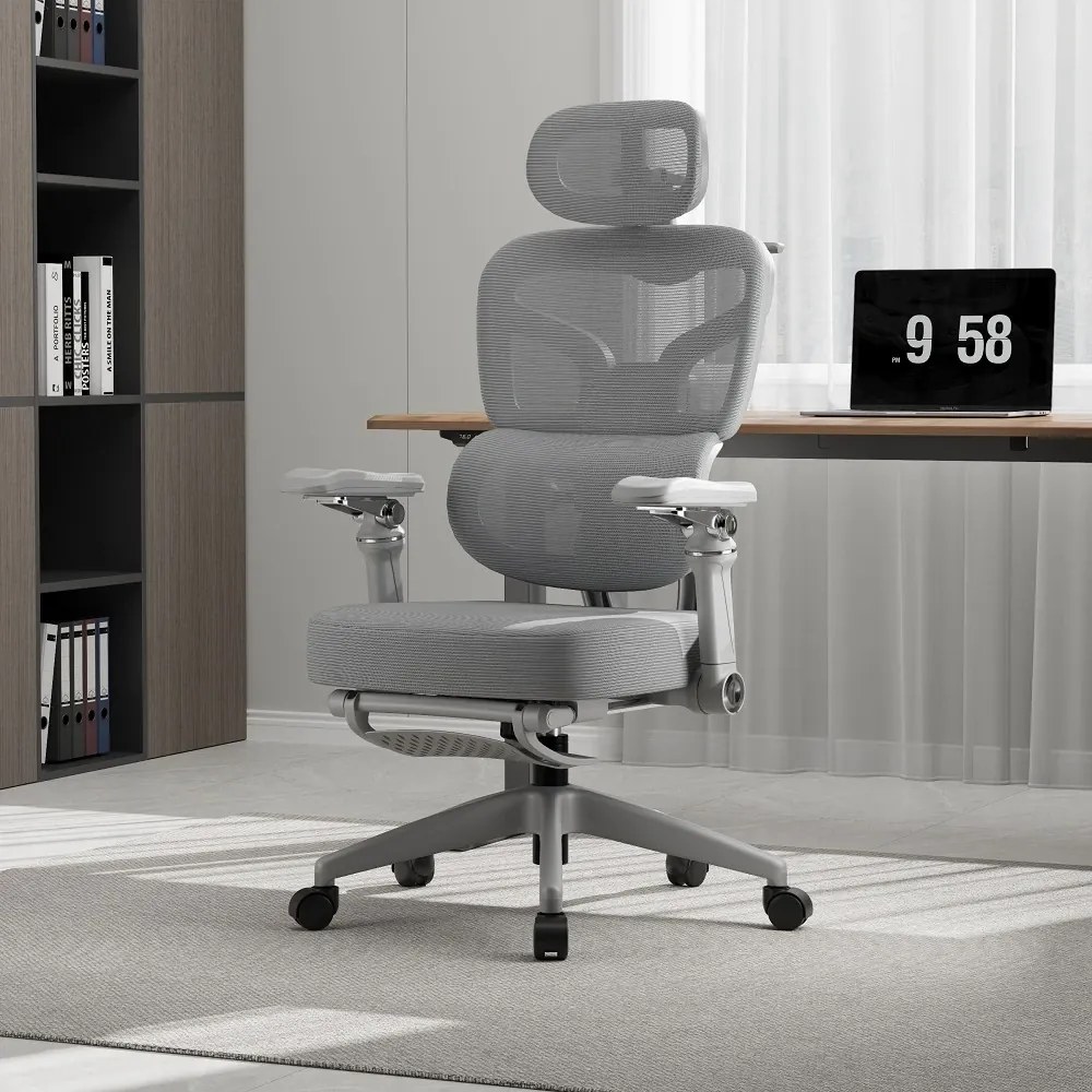 Scaun ergonomic, Sezut Translatie, cotiere 9D, tetiera 6D, suport lombar reglabil, spătar reglabil inaltime, pivotant, suport picioare, sezut buretat,Gri