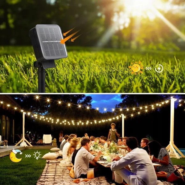 Ghirlandă solară decorativă cu 30 LED/8 funcții, 500 mAh, 10,6 m, IP67, alb cald