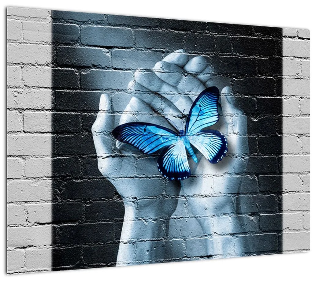 Tablou pe sticlă cu flutere albastru pe perete (70x50 cm)
