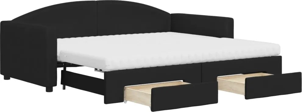 vidaXL Pat de zi cu extensie și sertare, negru, 90x190cm, textil