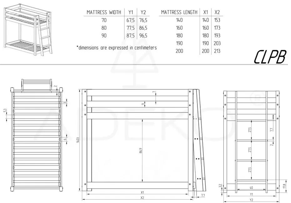 Pat supraetajat din lemn de pin 90x190 cm CLPB - Adeko
