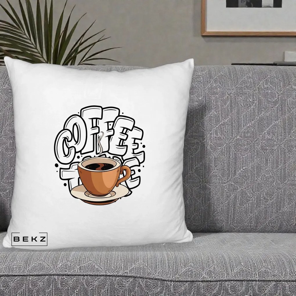 Perna Personalizata COFFEE cu Cana, 40x40 cm, Alb Pufos, Husa Detasabila, Perna Inclusa, BEKZ®