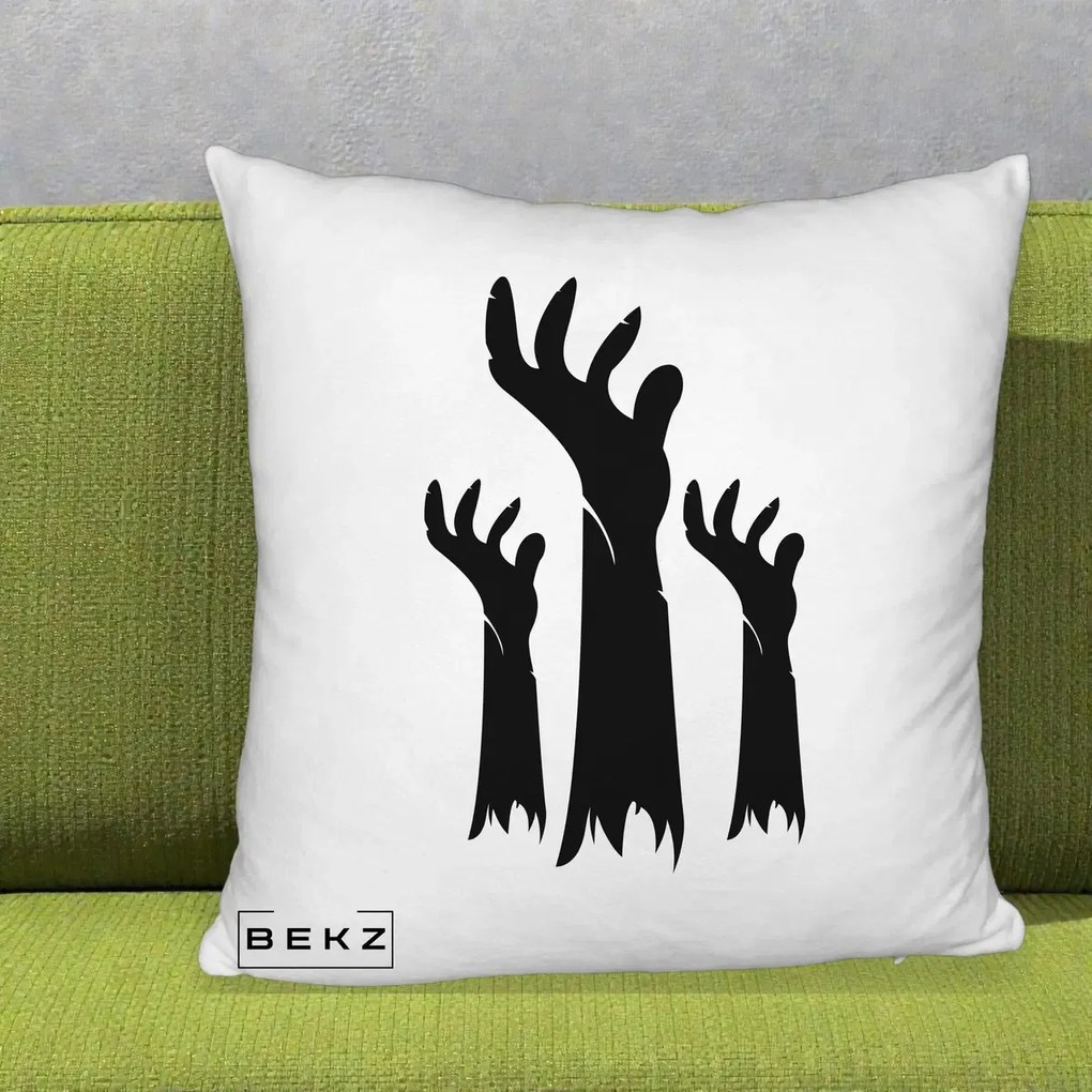 Perna Decorativa Halloween Maini Zombie Alb-Negru, 40x40 cm, Alb Pufos, Husa Detasabila, Perna Inclusa, BEKZ®