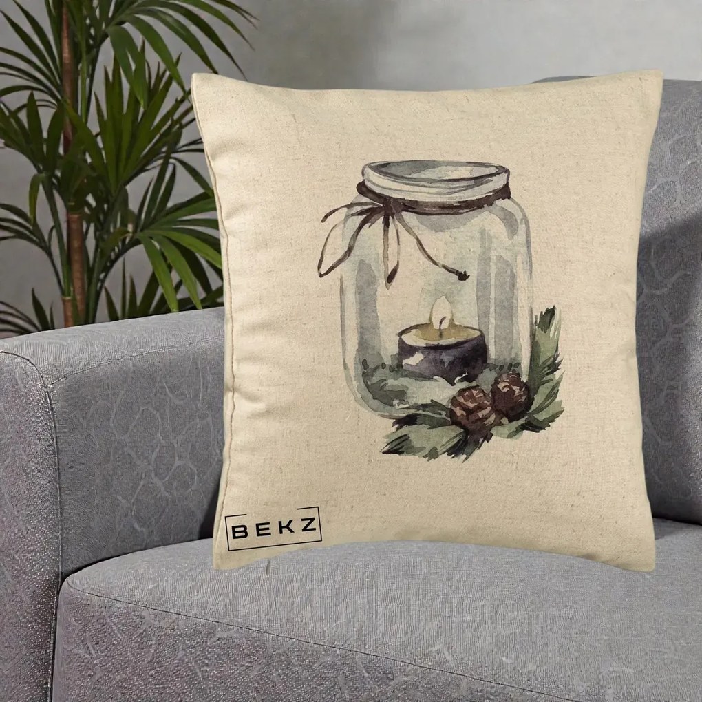 Perna Decorativa Felinar cu Lumanare si Conuri, 40x40 cm, Bej, Husa Detasabila, Perna Inclusa, BEKZ®