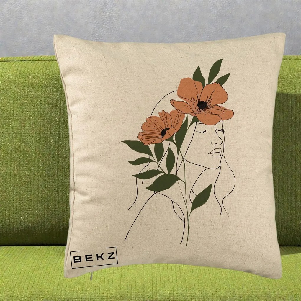Perna Decorativa Portret Feminin Doua Maci Terracotta, 40x40 cm, Bej, Husa Detasabila, Perna Inclusa, BEKZ®