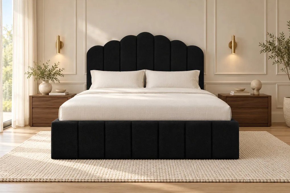 Pat tapițat Bellora 140×200 cm, negru, cu ladă de depozitare