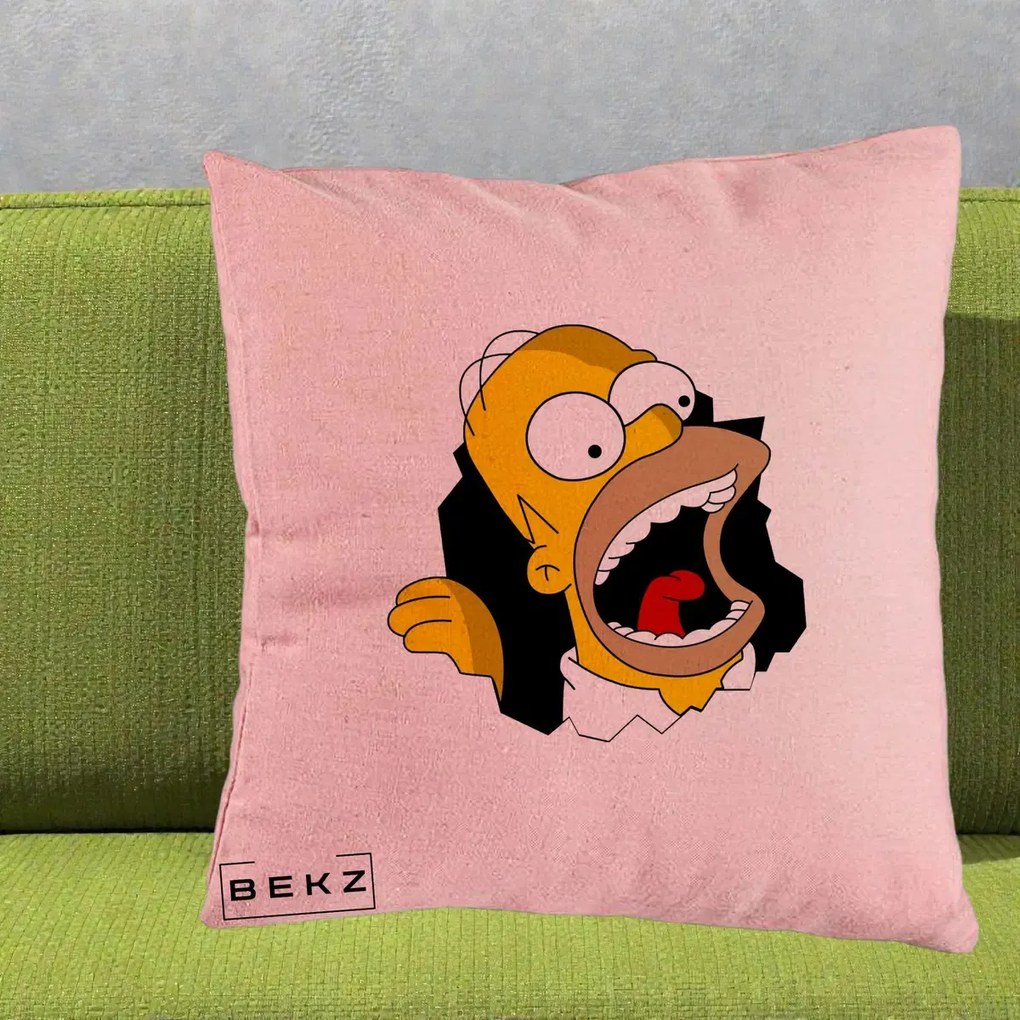 Perna Personalizata Homer Simpson Surpriza, 40x40 cm, Roz, Husa Detasabila, Perna Inclusa, BEKZ®