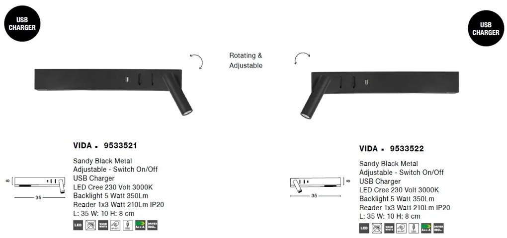 Aplica ambientala cu reader LED directionabil si USB Charger Vida neagra NVL-9533522