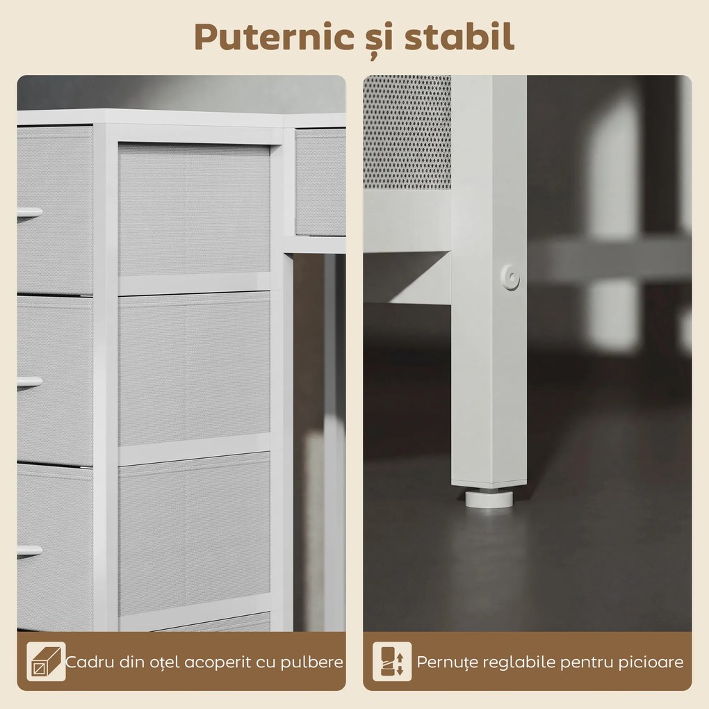 HOMCOM Birou de Colț Reversibil cu Prize și Porturi USB, 126x48 cm, Birou în Formă de L cu 6 Sertare din Material Textil, Cârlig Lateral, pentru Computer, Birou, Cameră, Alb | Aosom Romania