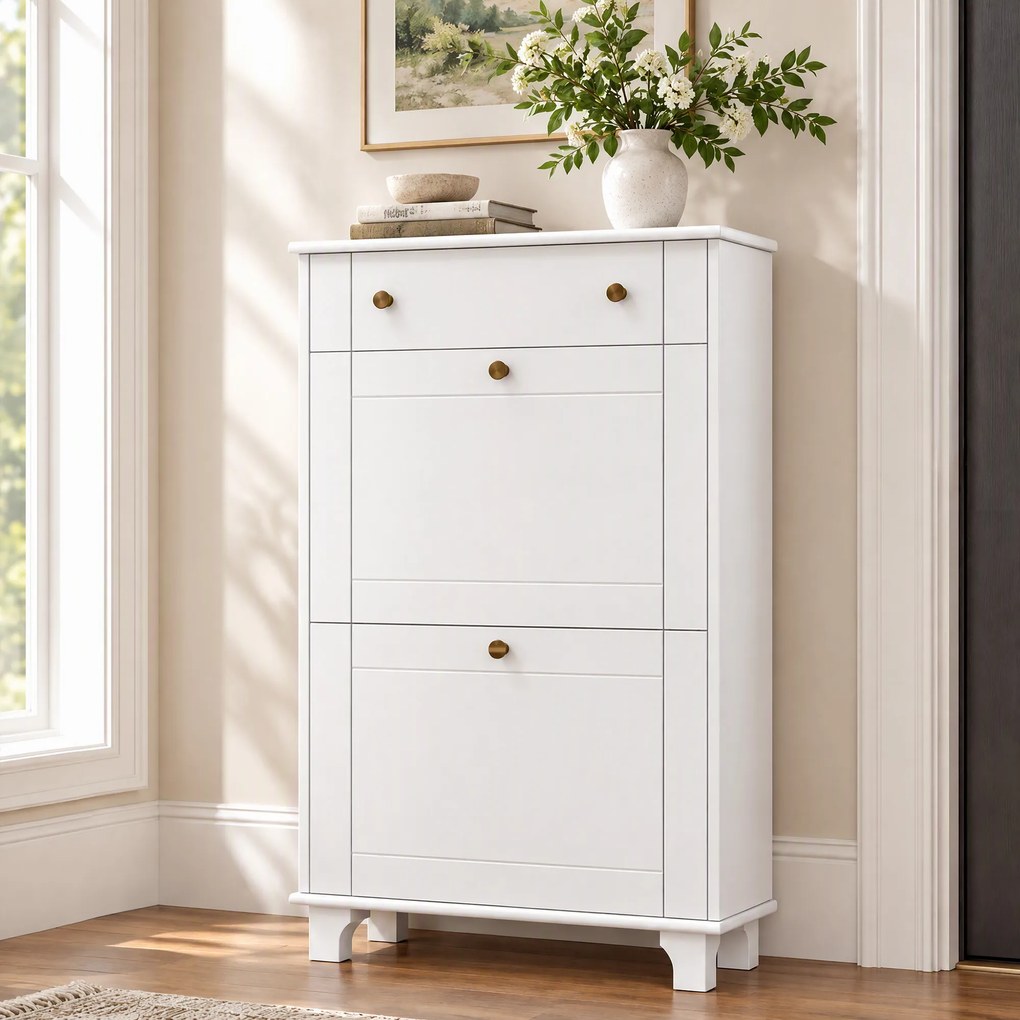 HOMCOM Dulap Pantofi Slim cu 2 Uși, Sertar, Rafturi Reglabile, 8 Perechi, MDF, PAL, 60 x 23,5 x 98,5 cm, Alb | Aosom Romania