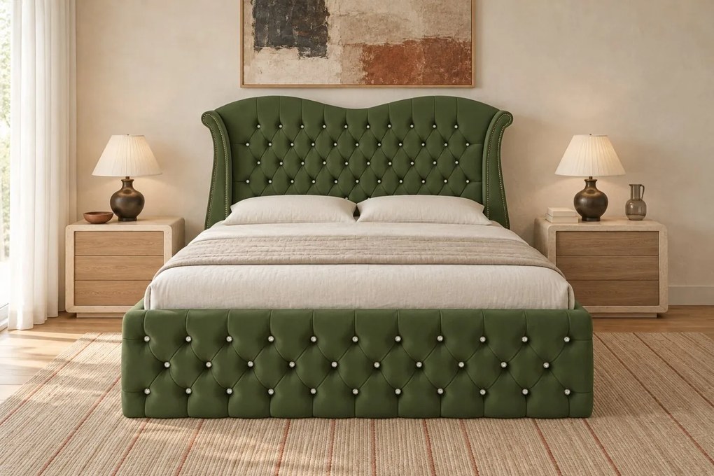 Pat tapițat Chesterfield Avella 160×200 cm, kaki, cu ladă de depozitare