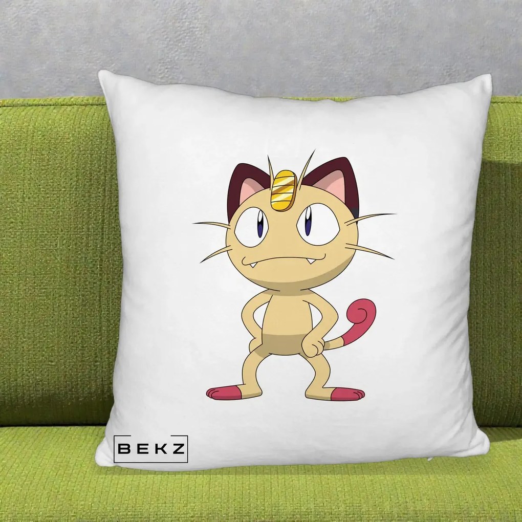 Perna Personalizata Meowth Pokemon, 40x40 cm, Alb Pufos, Husa Detasabila, Perna Inclusa, BEKZ®