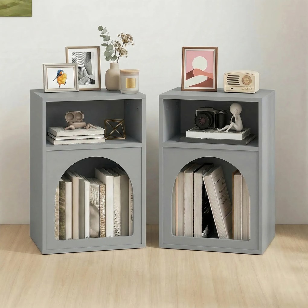 HOMCOM Set de 2 noptiere, noptieră cu compartimente deschise, design arcuat, 40 x 30 x 60 cm, gri | Aosom Romania
