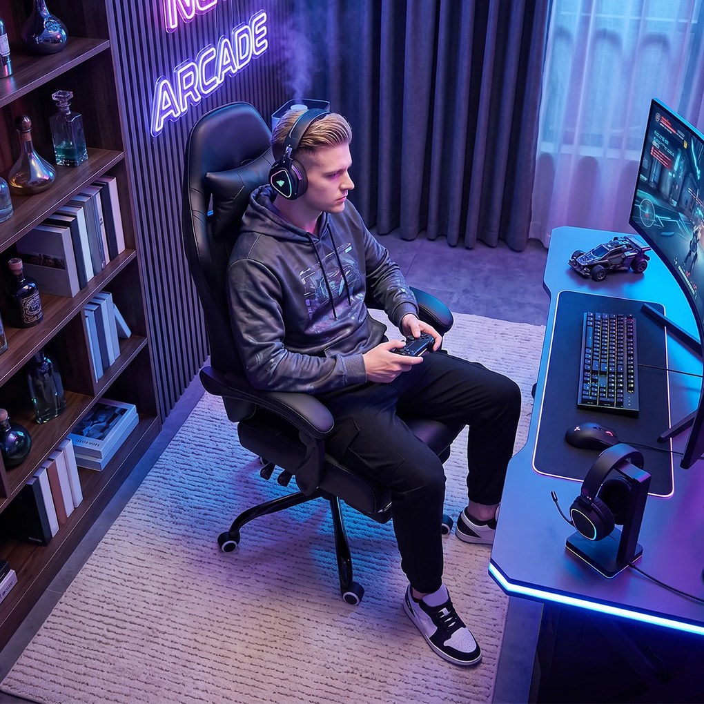 HOMCOM Scaun de gaming ergonomic, fotoliu gamer cu suport lombar masaj, spătar înclinat, înălțime reglabilă, negru | Aosom Romania
