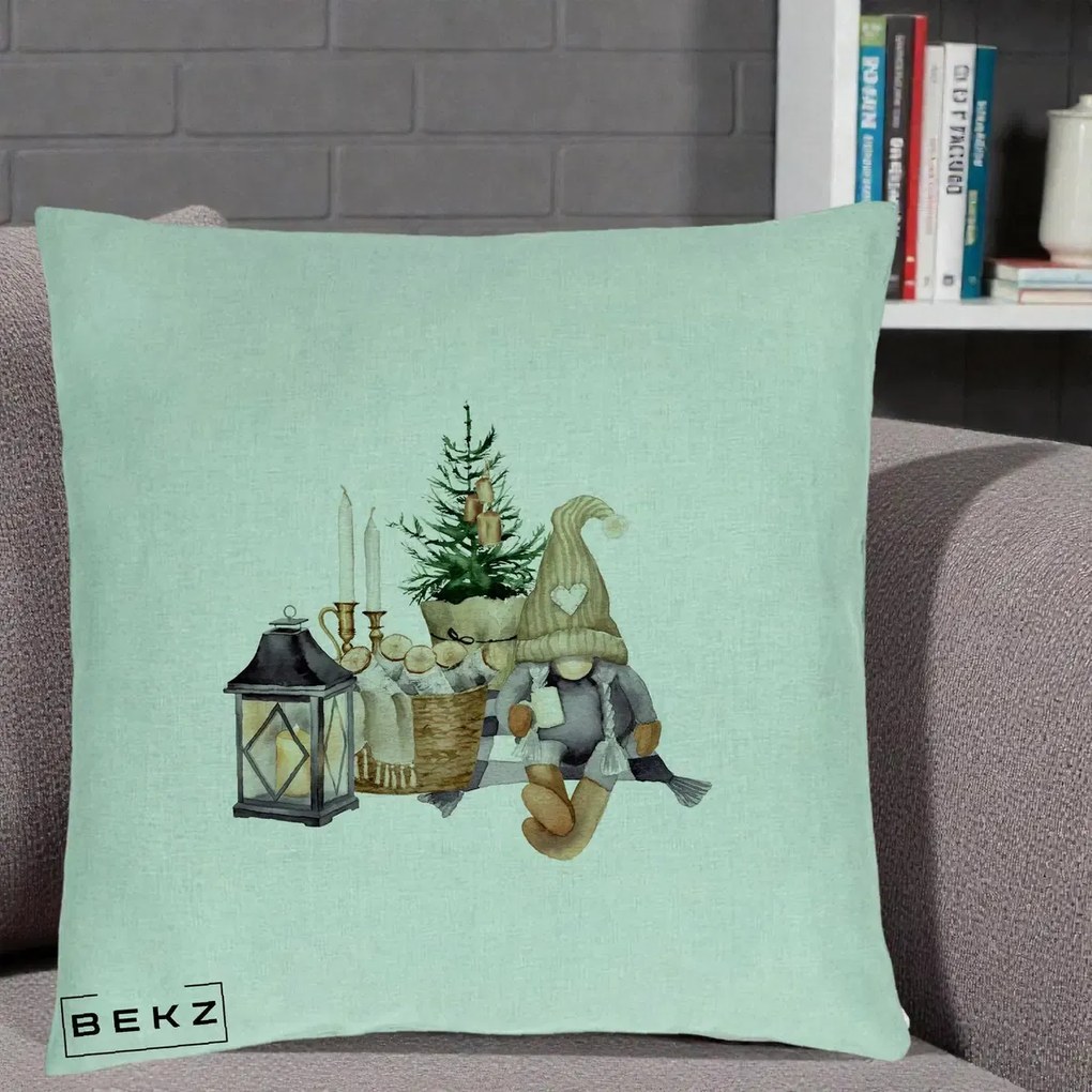 Perna Decorativa Gnom Scandinav cu Felinar, 40x40 cm, Verde Menta, Husa Detasabila, Perna Inclusa, BEKZ®