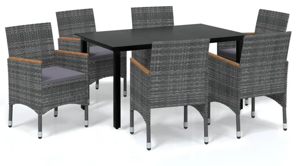 3095006 vidaXL Set de masă pentru grădină cu perne, 7 piese, gri, poliratan