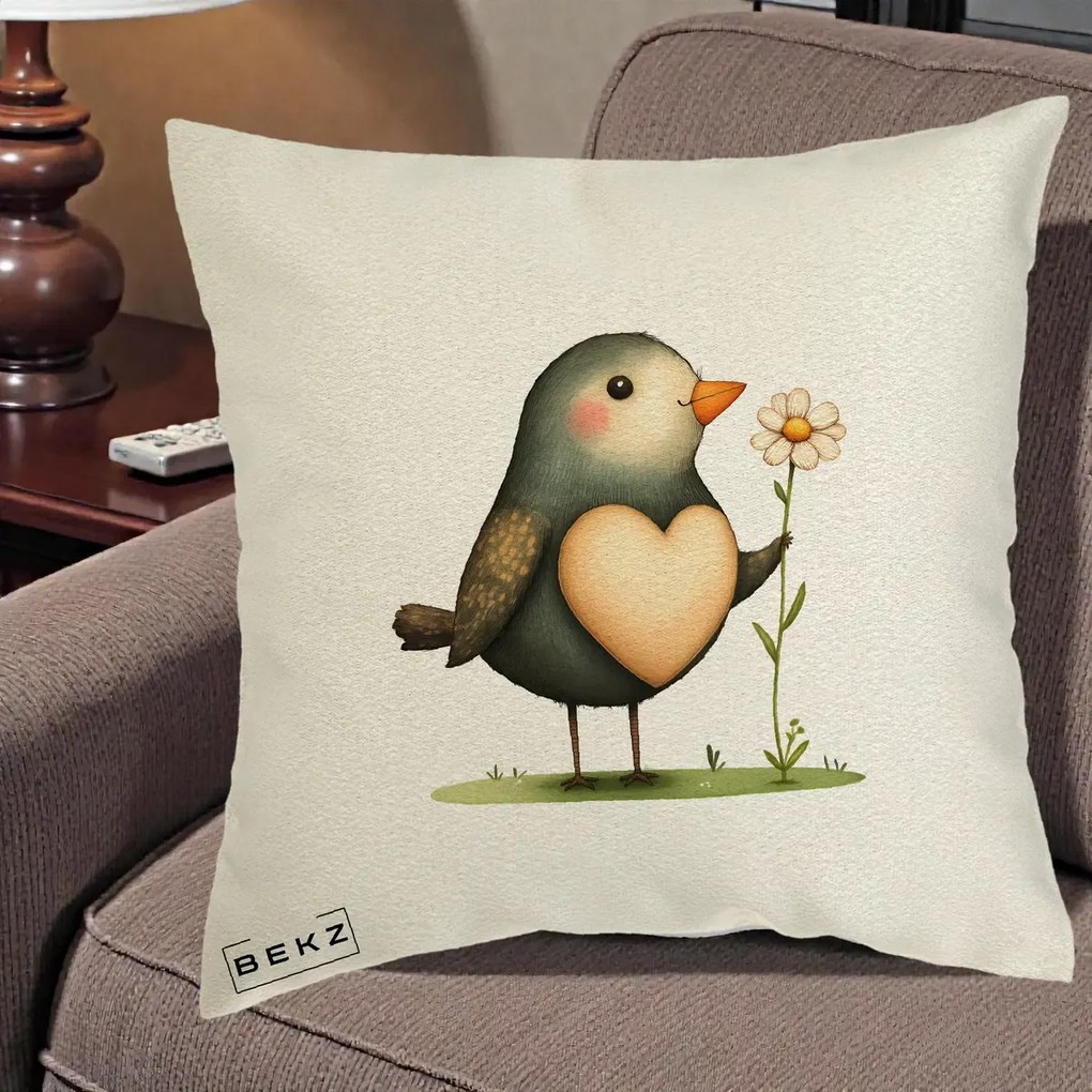Perna Decorativa Pasare cu Inima si Margareta, 40x40 cm, Ecru, Husa Detasabila, Perna Inclusa, BEKZ®
