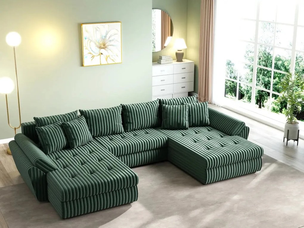 Colțar extensibil dumonde cu ladă de depozitare si sezut confortabil din spuma high-density, Loana U Ambience Green 355x185 cm