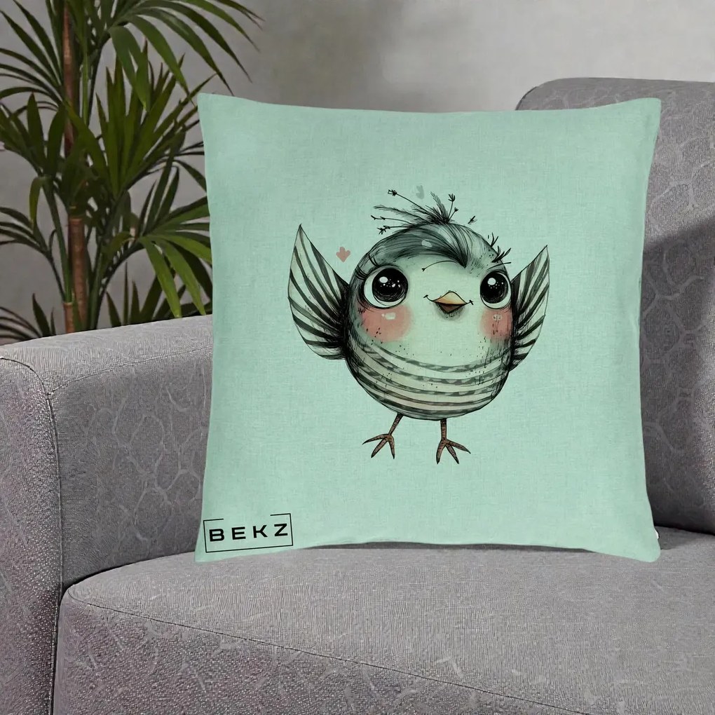 Perna Decorativa Pasare Gri cu Aripi si Inimioare, 40x40 cm, Verde Menta, Husa Detasabila, Perna Inclusa, BEKZ®