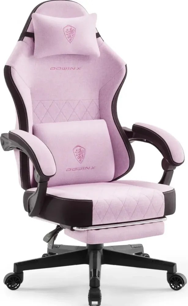 DOWINX 6650F - Scaun Gaming Ergonomic, Masaj in perna lombara, Șezut cu Arcuri Metalice și Spumă, Suport pentru picioare, Rabatabil 90°–135°, Rezistent 136 kg, Material textil, Roz