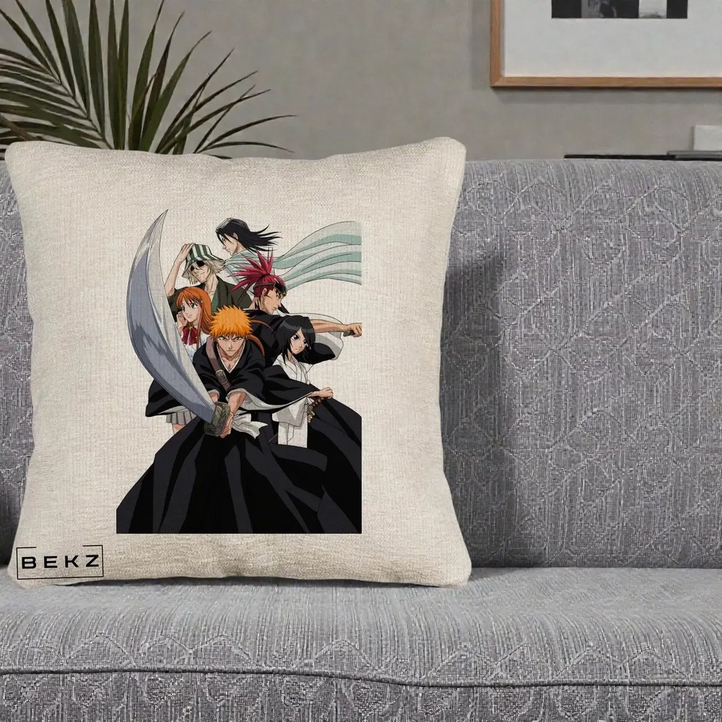 Perna Personalizata Bleach Grup Complet Ichigo si Prietenii, 40x40 cm, Bej Canapea, Husa Detasabila, Perna Inclusa, BEKZ®