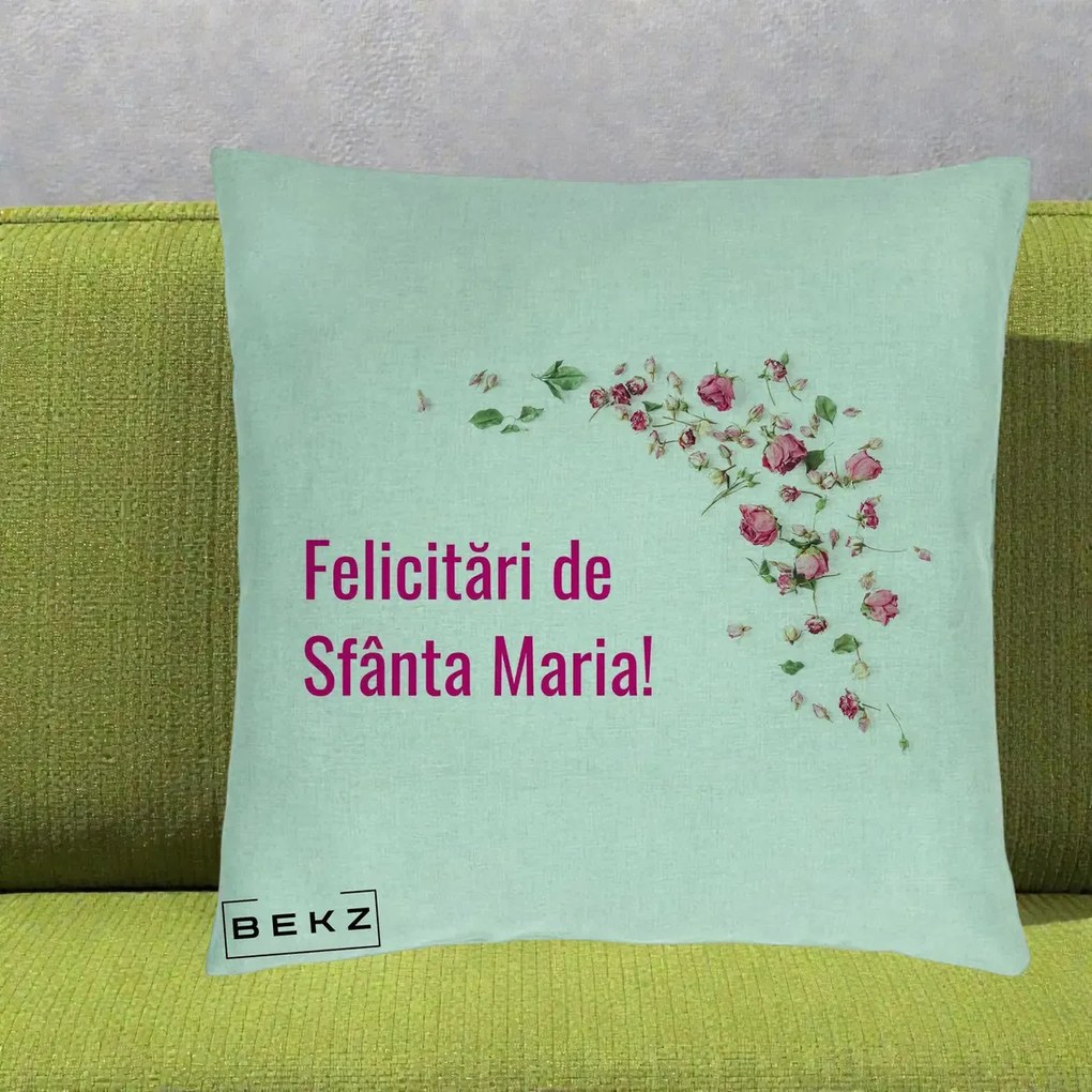 Cadou de Onomastica - Perna Personalizata Felicitari de Sfanta Maria, 40x40 cm, Verde Menta, Husa Detasabila, Perna Inclusa, BEKZ®