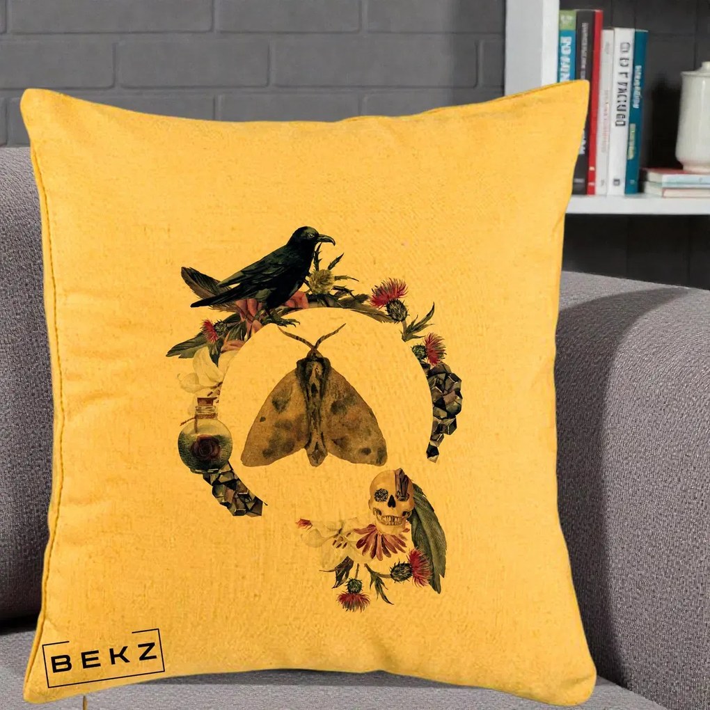Perna Decorativa Gothic Wreath Corb Moliu Craniu, 40x40 cm, Galben, Husa Detasabila, Perna Inclusa, BEKZ®
