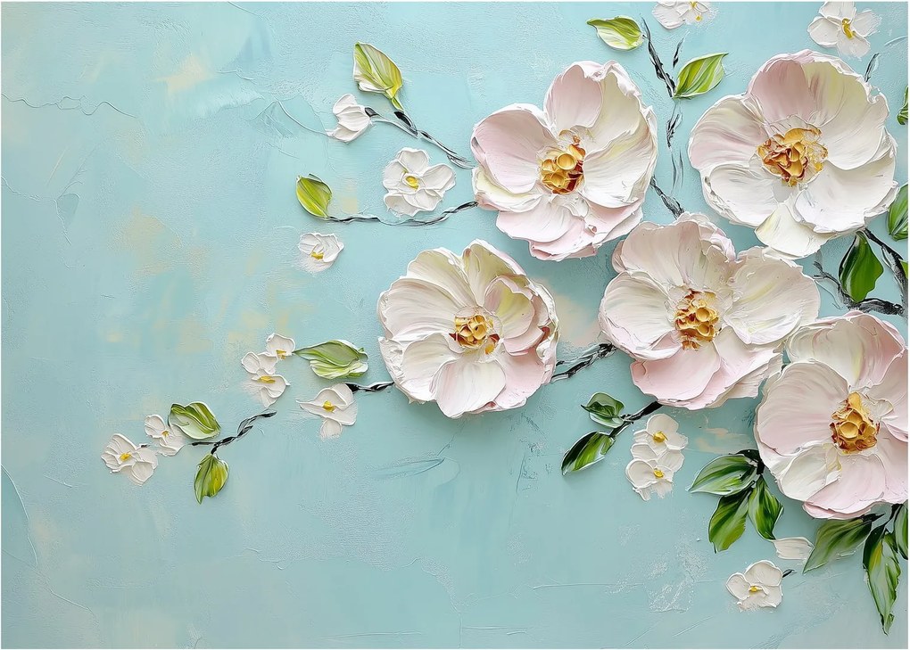Tablou pe sticlă - Flori pe fundal albastru (70x50 cm)