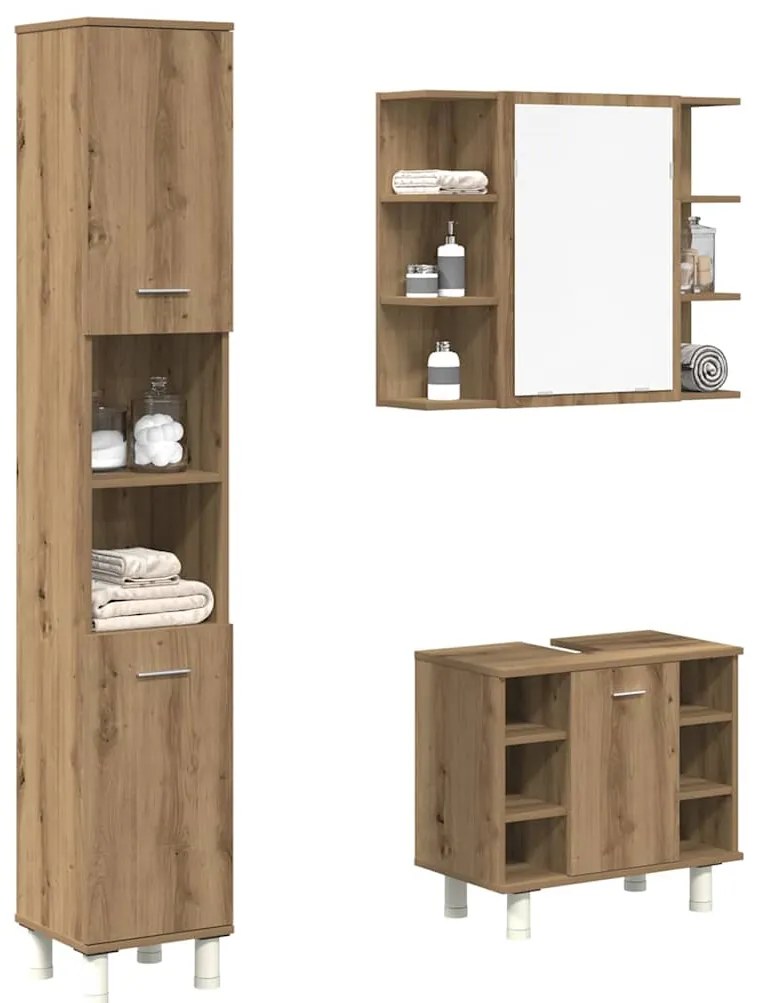 vidaXL Set mobilier de baie, 3 piese, stejar artizanal, lemn prelucrat