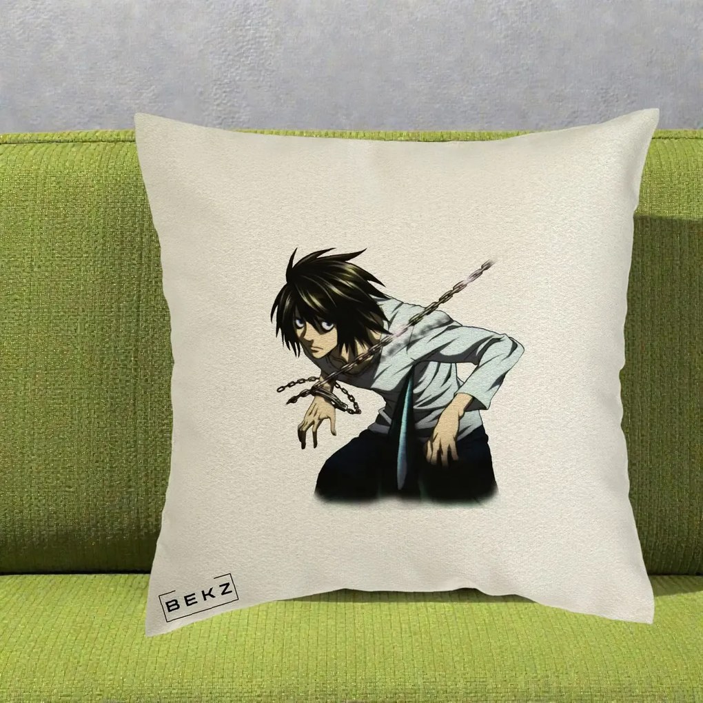 Perna Personalizata Death Note L Lawliet Lanturi, 40x40 cm, Ecru, Husa Detasabila, Perna Inclusa, BEKZ®