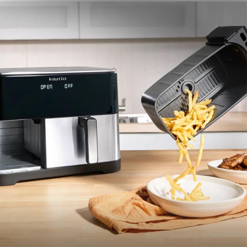 Friteuza dubla cu aer cald 8in1 Instant Pot Vortex DUAL SPLIT, 2600 W, 11 l, 205 °C, EvenCrisp, Gatit sincronizat, Comanda tactila, Negru/Inox