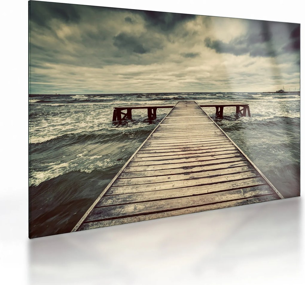Tablou pe sticlă cu dig din lemn la mare (70x50 cm)