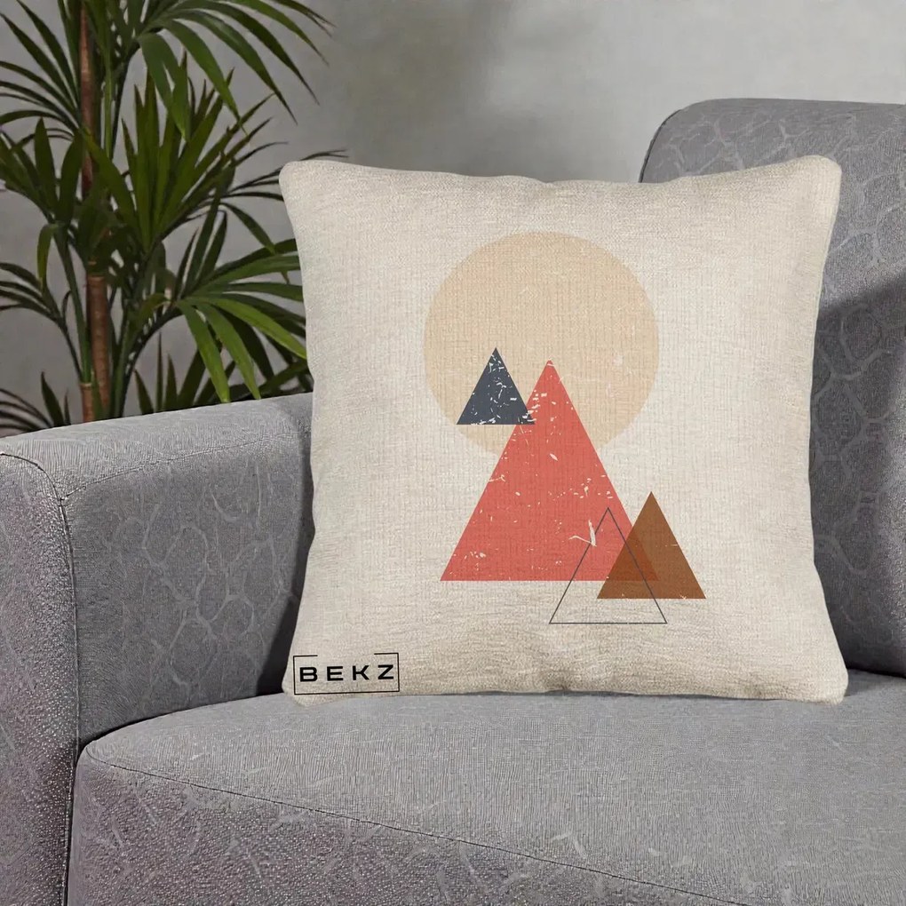 Perna Decorativa Geometric Munti si Soare, 40x40 cm, Bej Canapea, Husa Detasabila, Perna Inclusa, BEKZ®
