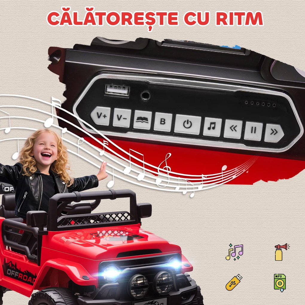 AIYAPLAY Off-road pentru Copii cu Faruri, Claxon, Centură și Telecomandă, din PP și Metal, 99x66x68.5 cm, Roșu | Aosom Romania