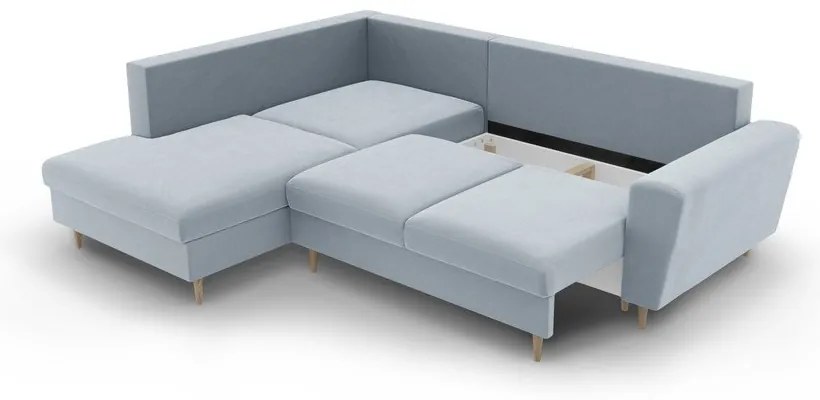 Colțar albastru deschis extensibil, cu spațiu de depozitare cu tapițerie din catifea (cu colț pe partea stângă-în formă de ”L”) Kyoto – Cosmopolitan Design