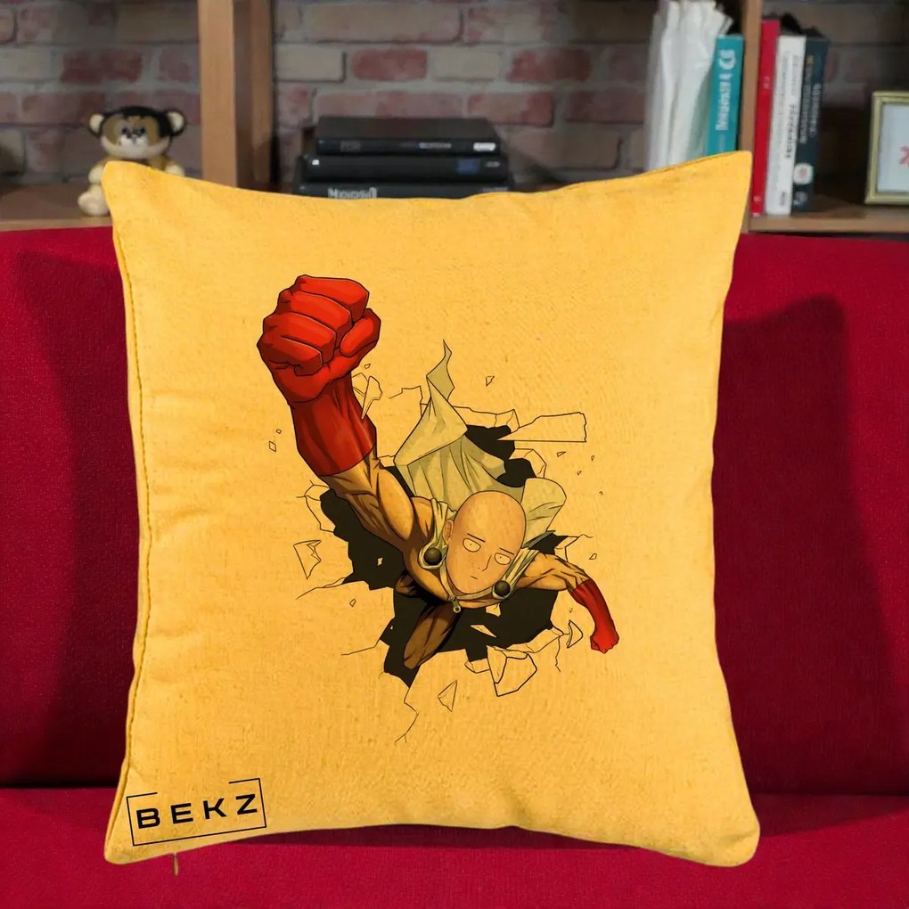 Perna Personalizata One Punch Man Saitama Pumn, 40x40 cm, Galben, Husa Detasabila, Perna Inclusa, BEKZ®
