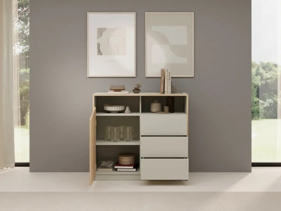 Comodă cu usa si trei sertare, 100x40x91 cm, Atson, ADRK Furniture (Culoare: Stejar / Gri Bej)