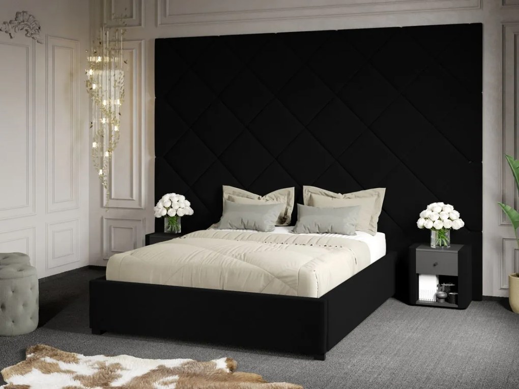 Pat Tapitat cu Panou 305x228 C3 Dubai cu somiera fixa Negru - Velluto 20 160x200