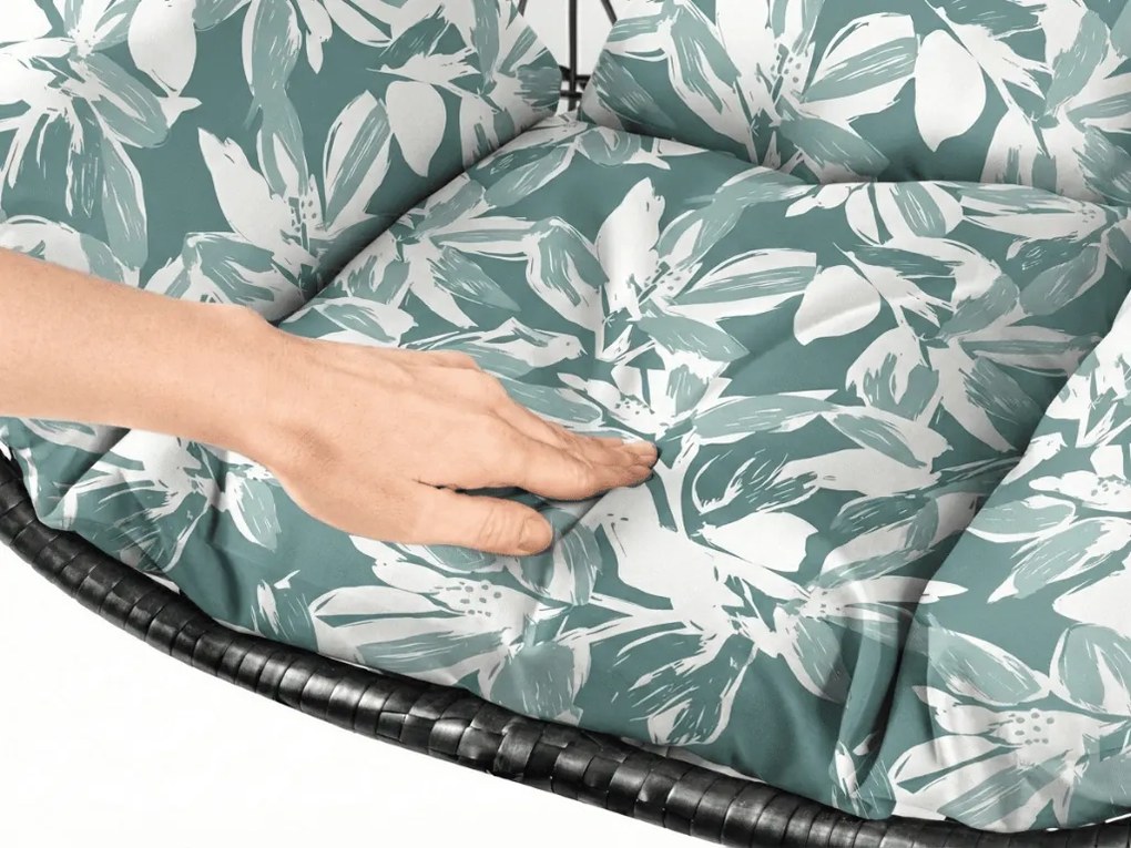 Scaun negru suspendat KOKON cu suport, perna verde-alb