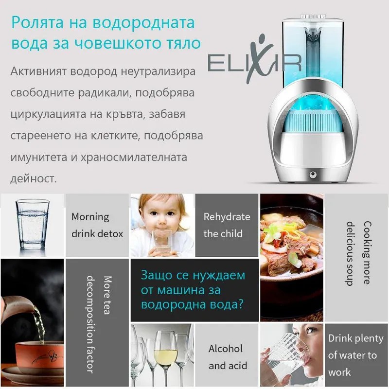 Cana pentru apa cu hidrogen Elixir, 15W, 1,6 L, Ecran tactil, 1200 PPB, Filtru inlocuibil, Alb/Gri