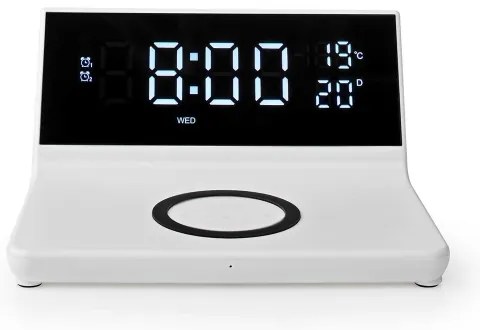Nedis WCACQ20WT - Ceas cu alarmă, ecran LCD și încărcător wireless 15W/5V alb