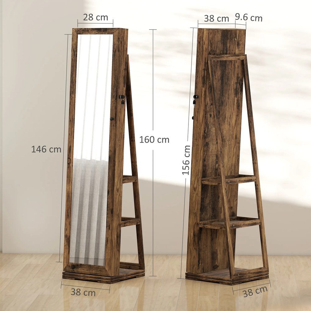 HOMCOM Armoire de Bijuterii pivotantă, blocabilă, cu oglindă - Dulap Bijuterii Multi-Depozitare - Brun Rustic | Aosom Romania